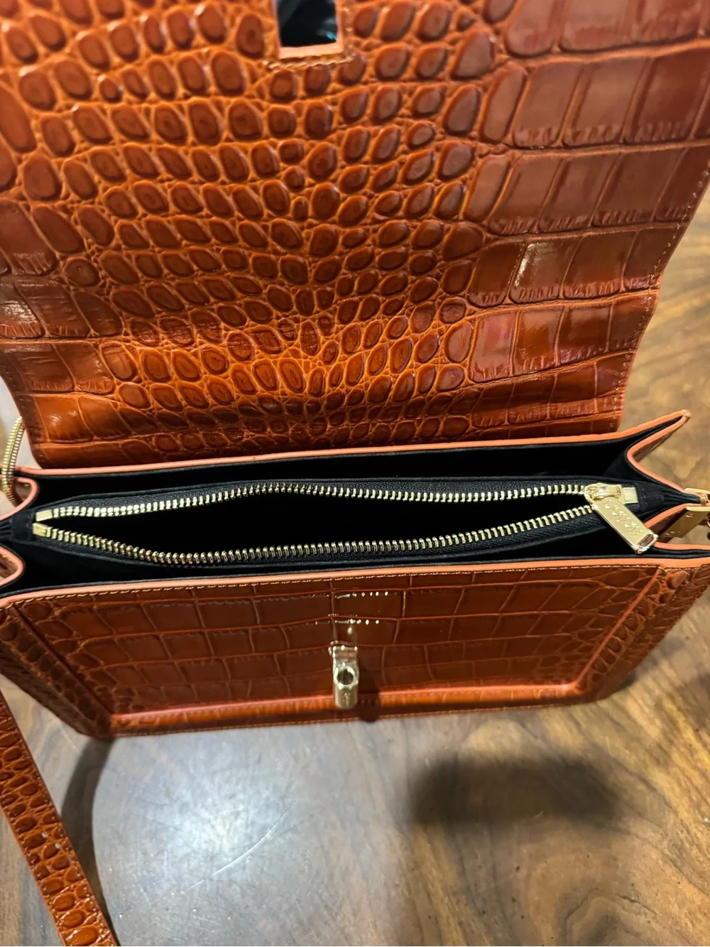 Cognac Croc-Embossed Top-Handle Crossbody Bag